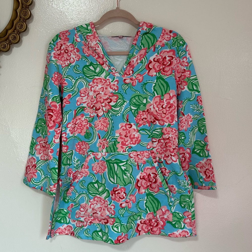 Barbara Gerwit Vintage French Terry Hoodie Top, Blue & Pink Floral, Sm